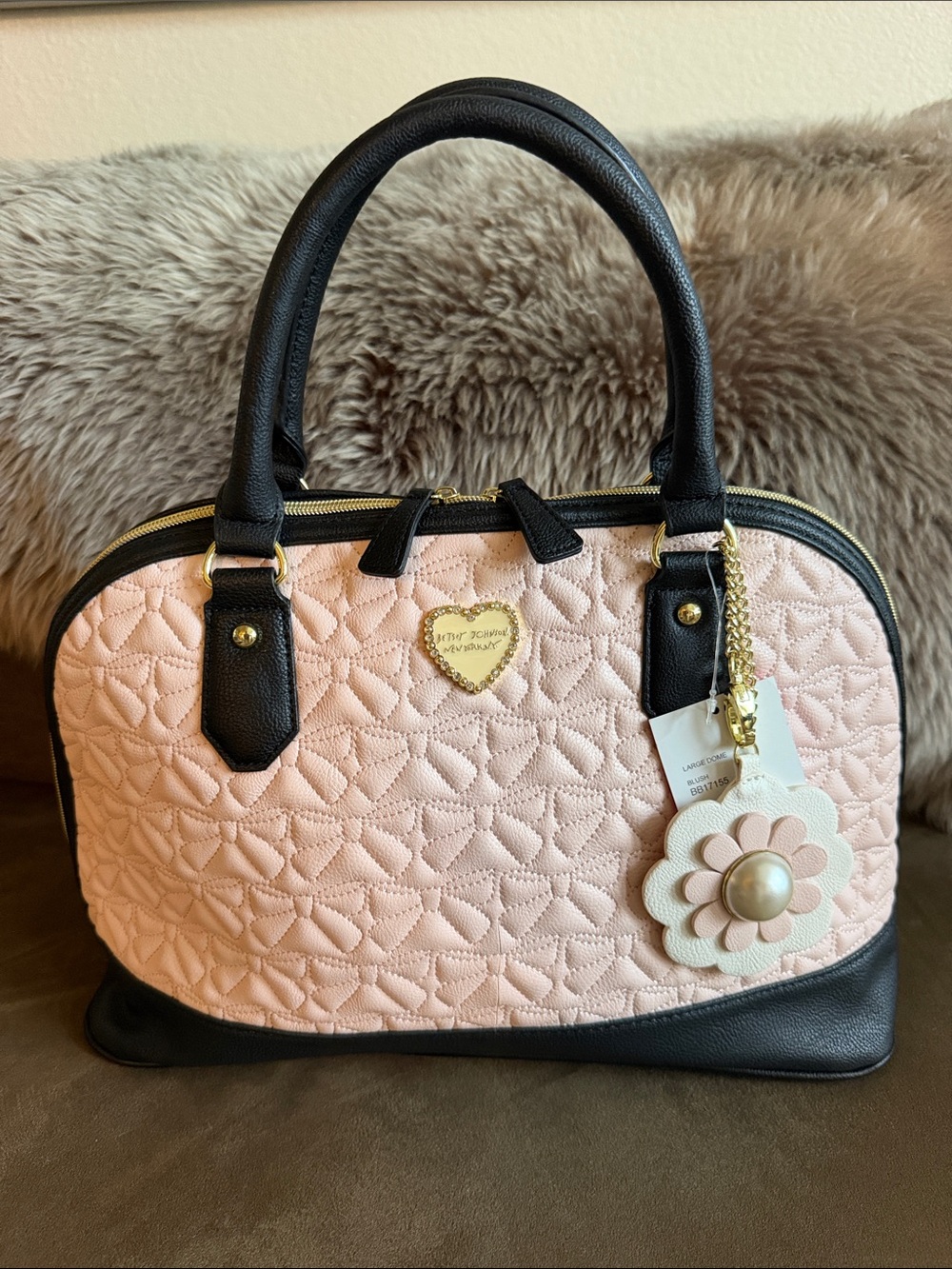 Betsey Johnson Blush Black Quilted Large Dome Bag